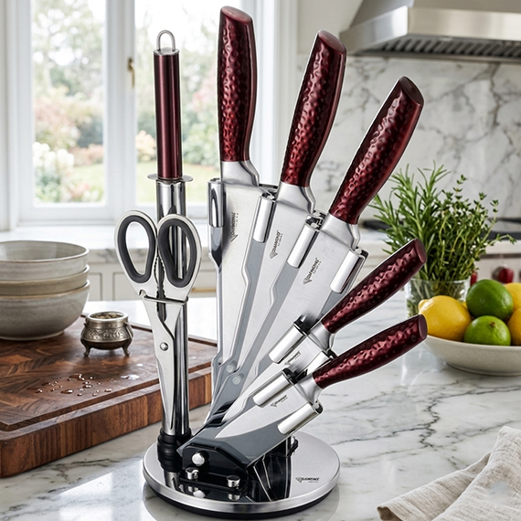 Set of knives with stand and sharpener