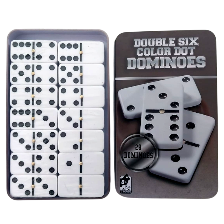 Dominoes in a metal box with 28 bones