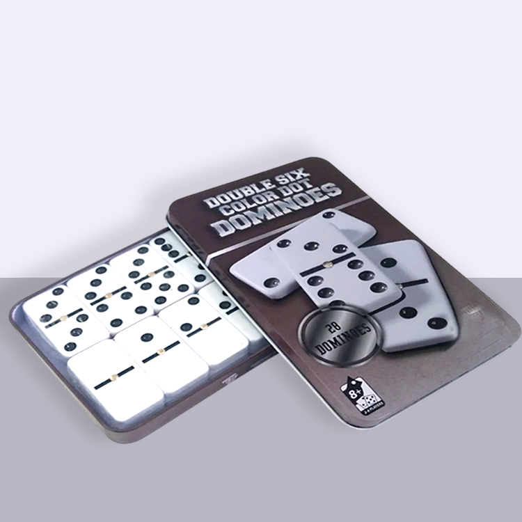 Dominoes in a metal box with 28 bones