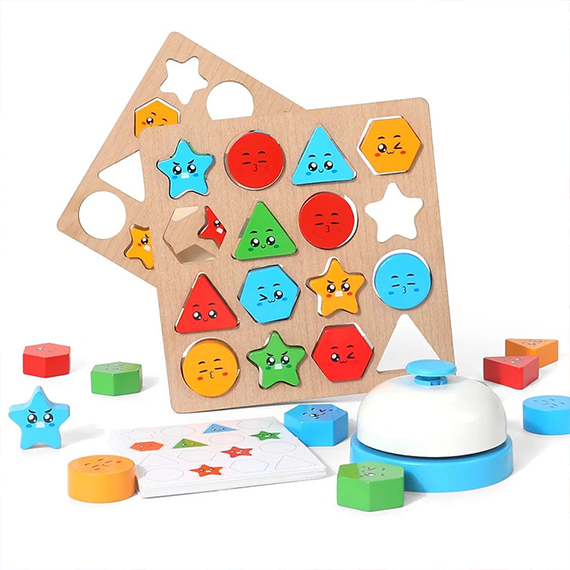 Geometric wooden figures with a bell